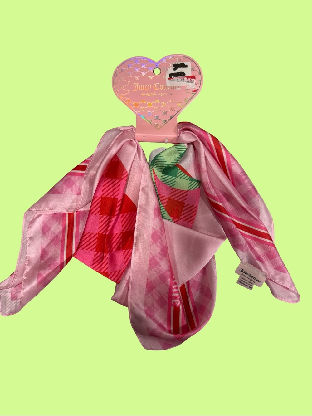 Juicy Couture Pink Red Check & Stripe Satin Scarf